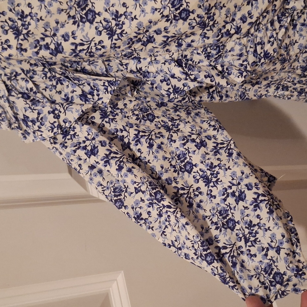 H&M Ruffle Wrap Dress Lg Blue Floral Puff Sleeve V-Neck Cotton Mini Preppy BW - Picture 2 of 12